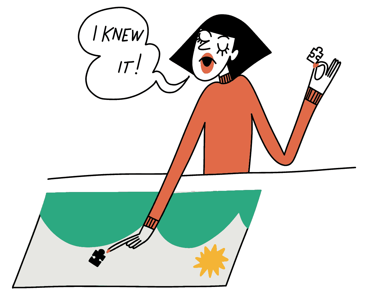 Example of hindsight bias: a woman placing a final piece in a puzzle, saying she knew beforehand where it would fit
