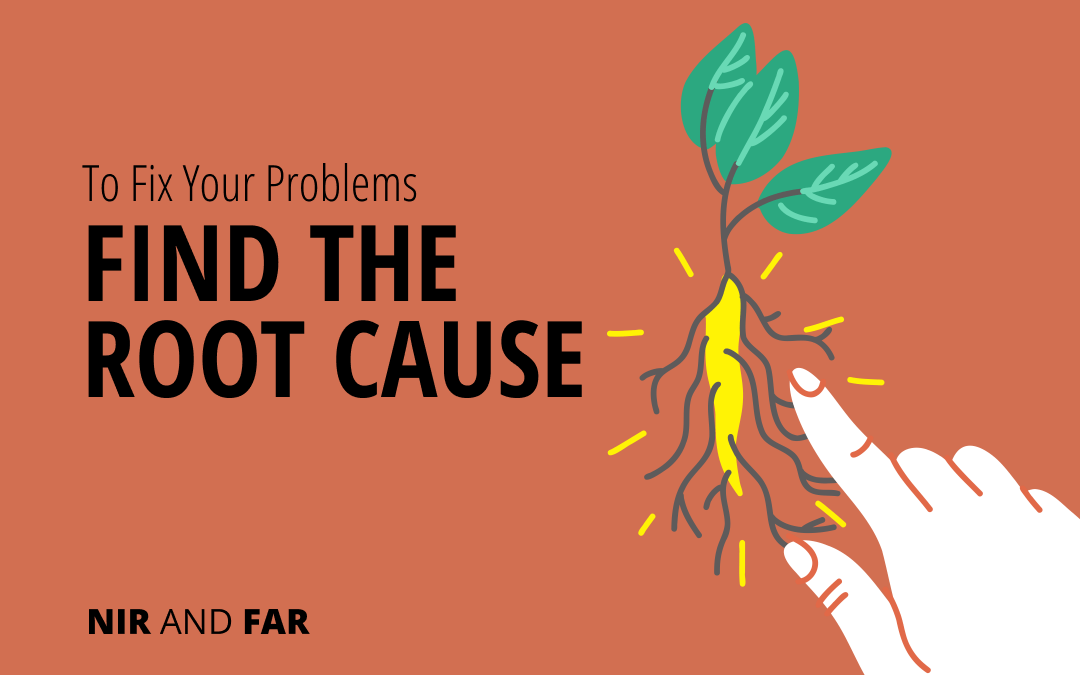 Finger pointing to root of plant